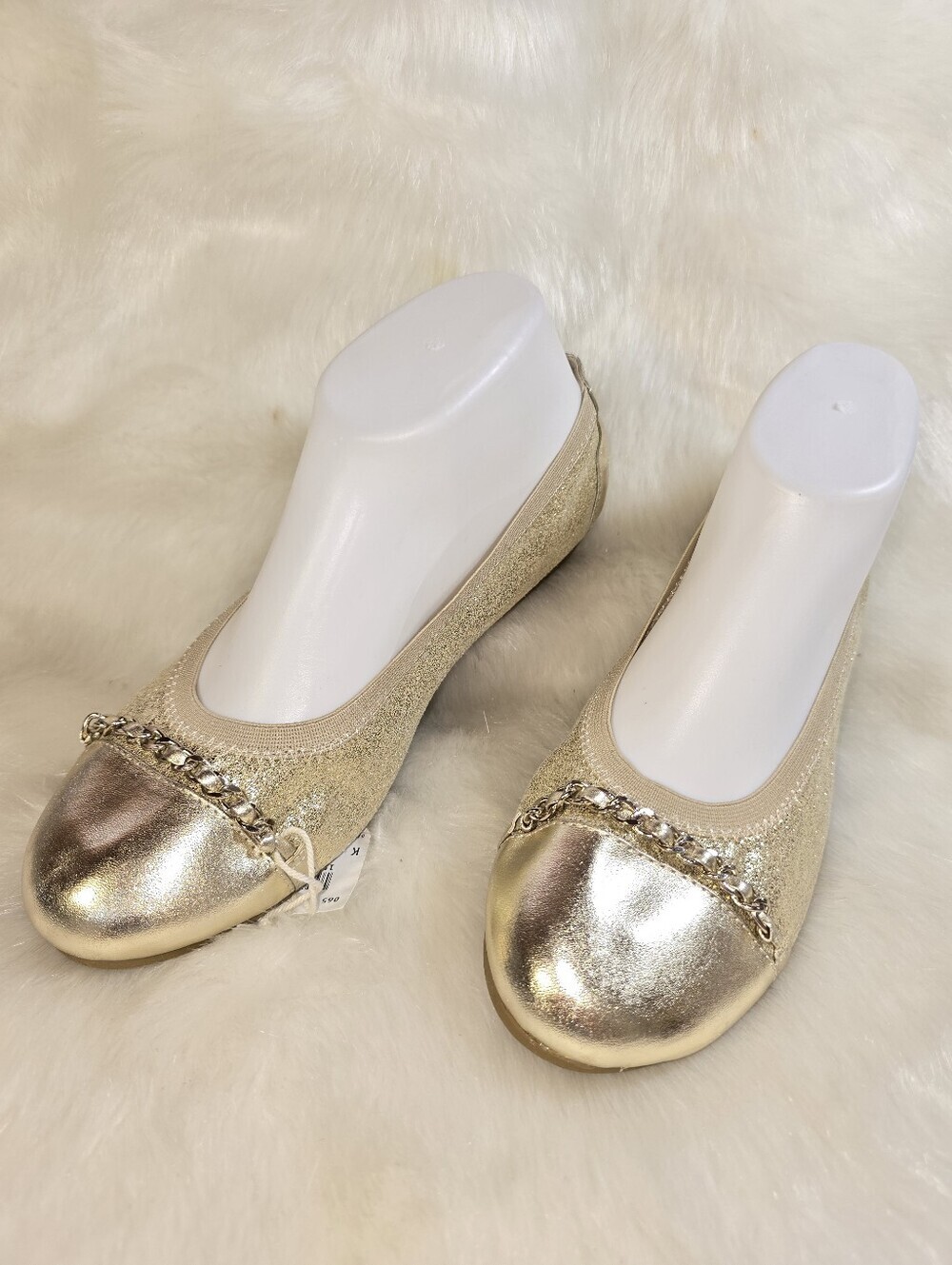 American Eagle Womens Gold Glitter Stretch Ballet Flats with Chain Trim